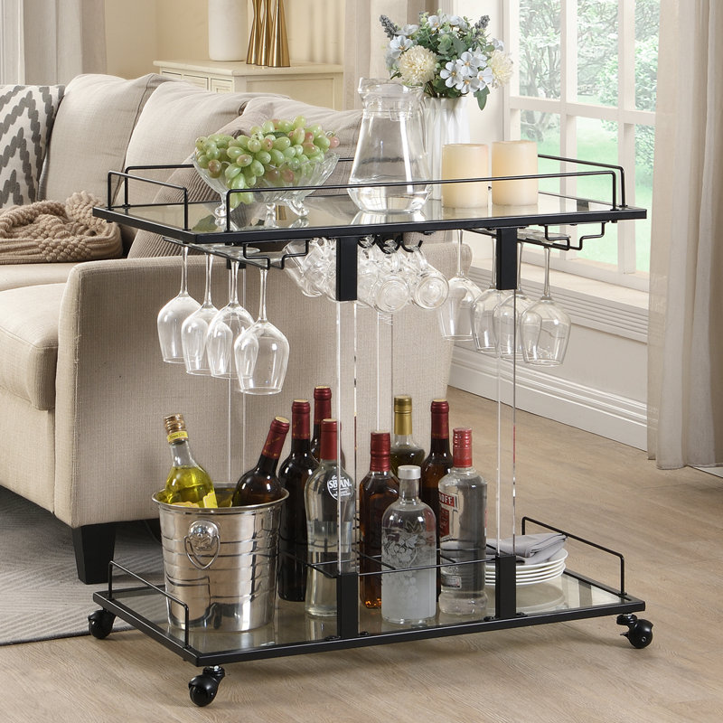 Kibwe Metal & Acrylic Bar Cart with Glass Shelves and Stemware Rack, Black