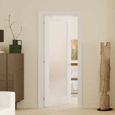 Interior Door Slab with Frame -1 Lite Frosted Glass White MDF Door, Prehung-Style Door Kit with Pre-installed Hinges, Locking Silver Handle Included, No Pre-drilled Holes