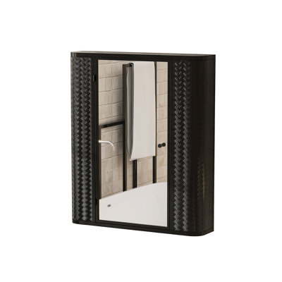 Armoire à pharmacie de salle de bain murale avec miroir, 2 tablettes intérieures, look moderne, au-dessus de la toilette, fermeture sécurisée, acier, miroir à porte simple noir à installation rapide pour le rangement, style rustique fixe,