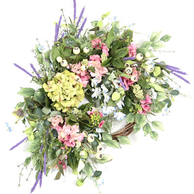 28" Artificial Farmhouse Large Spring Summer Half Ring Greenery Foliage Berry Lavender Hydrangea Floral Wreath For Front Door