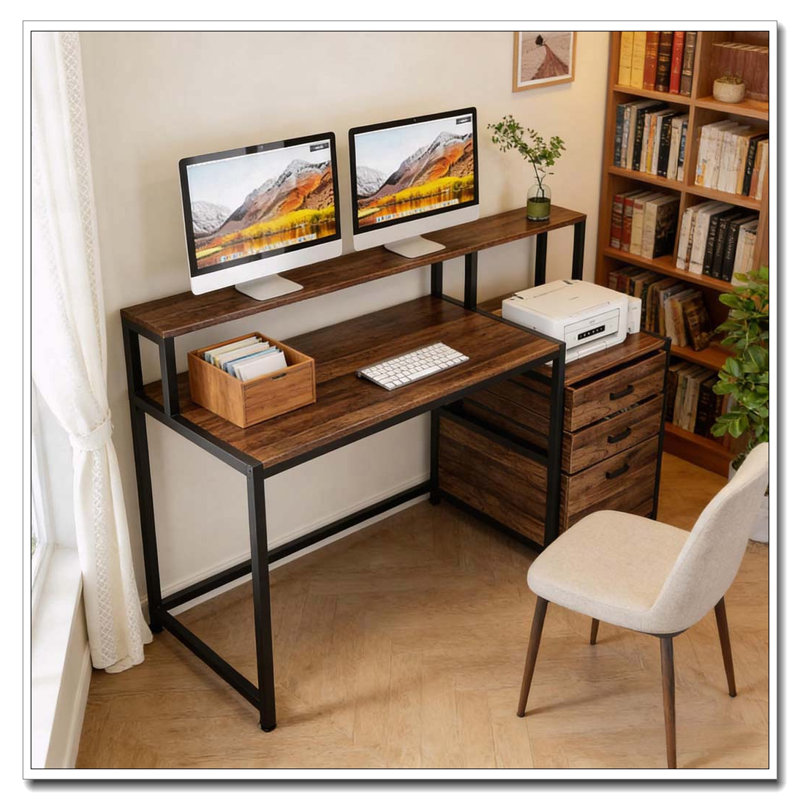 Bureau avec support surélevé pour écran et classeur, Noir, brun rustique