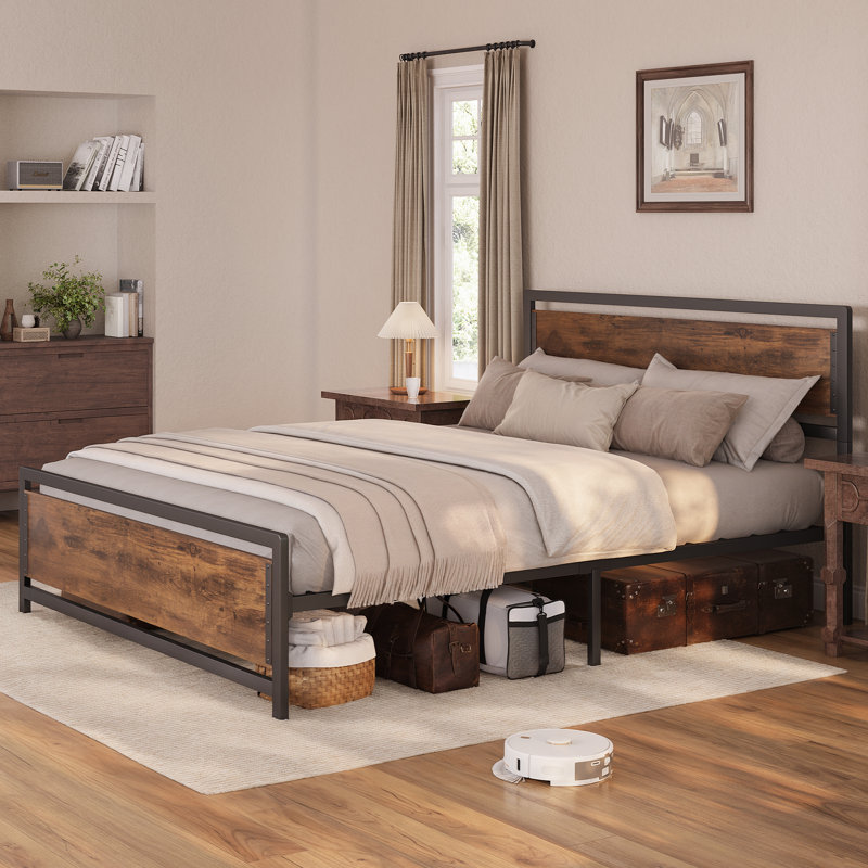 Metal Frame Platform Bed with Wood Headboard and Footboard, Brown