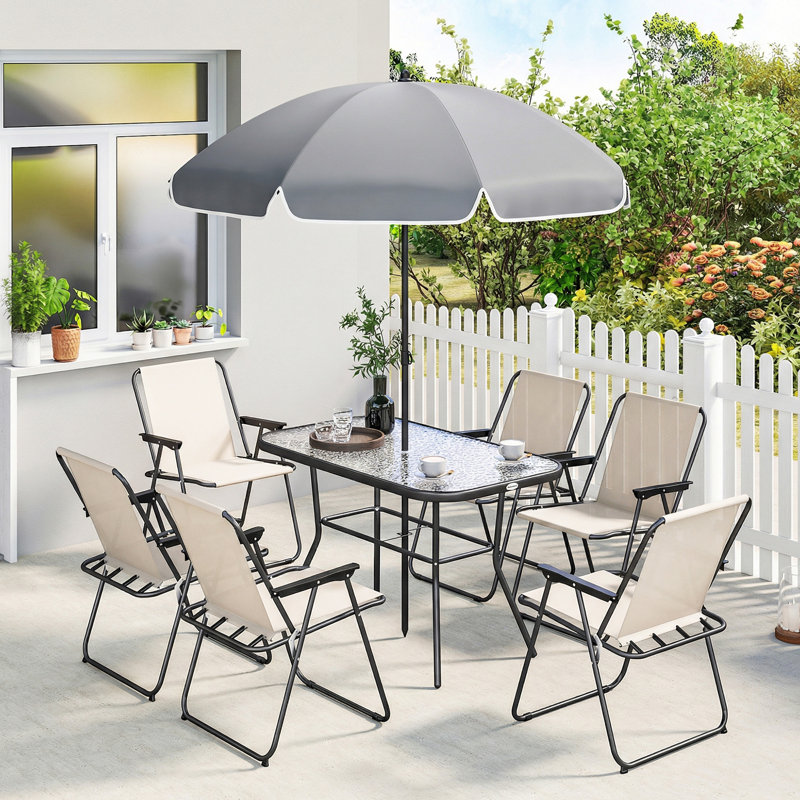 Outsunny 8 Piece Garden Dining Set with Parasol, 6 Folding Chairs,, Cream