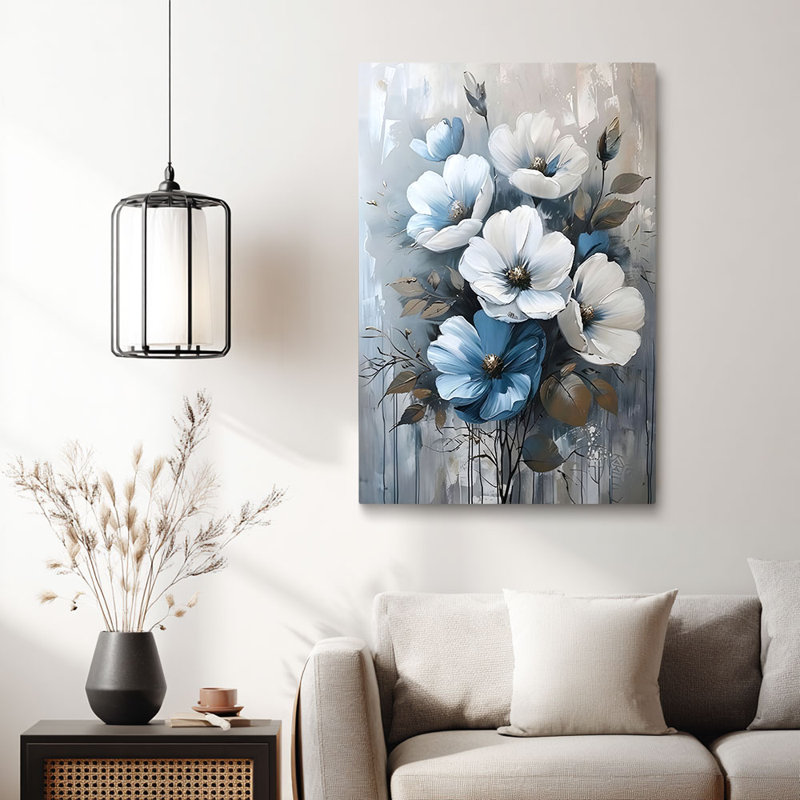 Cadre tendu tendu avec toile florale neutre «Blue & White Bloom» pour studio douillet, 18 * 12 pouces (45 * 30 * 2cm)