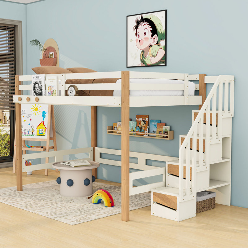 Lit mezzanine surélevé en bois avec crochet pour vêtements et tablettes de rangement, Lit double
