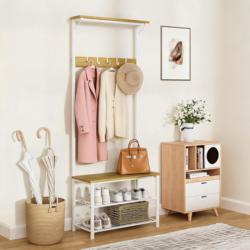 This Metal And Solid Wood Combination Coat Rack Features A Built-In Shoe Bench And Cabinet, Three Storage Shelves, Five Removable Hooks, And A Simple, Pure White Design.