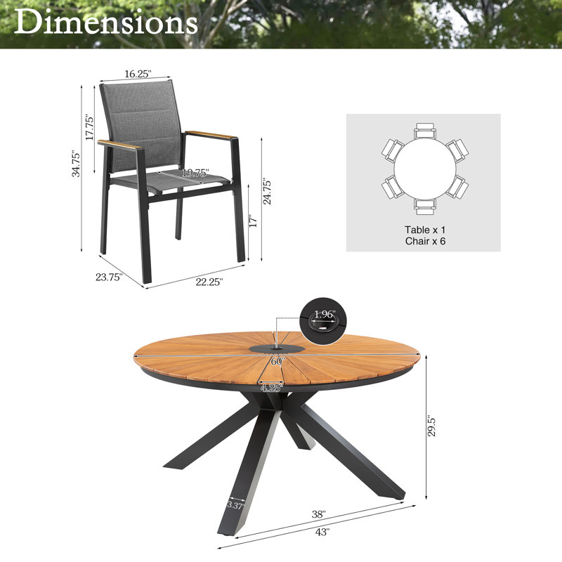 Patio Aluminum Round Dining Set With Teak Wood Tabletop And Stackable Sling Dining Chairs, 6