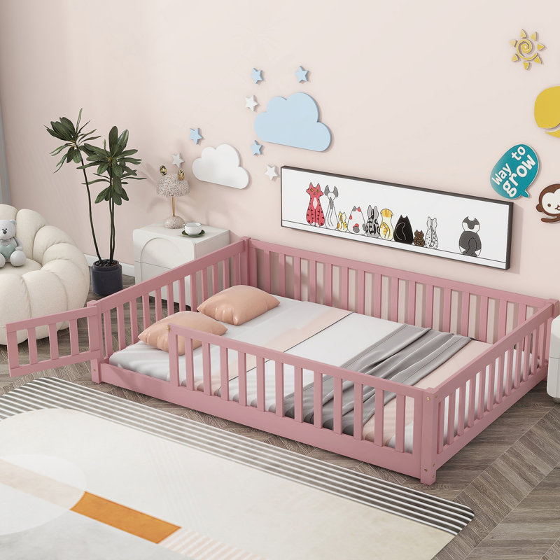 Lit plateforme avec clôture et porte pour enfants Finka, Double, Rose