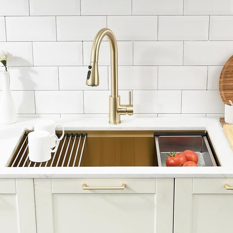 32" Undermount Workstation Kitchen Drop In Single Bowl Sink with Accessories, Gold