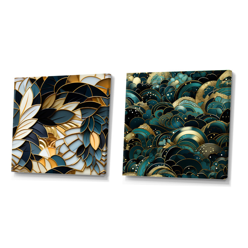 Bleu riche et riche motif de mosaïque en marbre - ensemble de collage abstrait botanique carré de 2, Toile tendue
