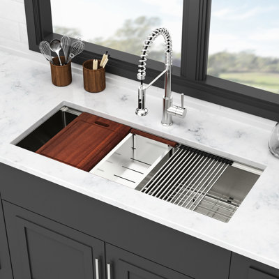 Évier de cuisine encastré à simple cuve de 45 po x 19 po en acier inoxydable de calibre 16, poste de travail avec rail pour la flexibilité des accessoires, efficacité du drain de l'eau en forme de X, R10 arrondi