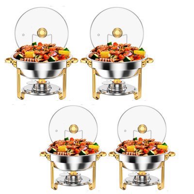 4 Pack Food Warmer 5Qt Stainless Steel Round Chafing Dish Buffet Set with Tempered Glass Lids, Folding Stands, Fuel Holders for Catering, Weddings, Parties, Banquets
