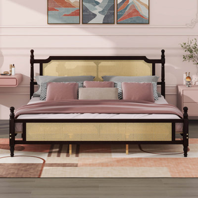 Wood Bed Frame With Rattan Headboard