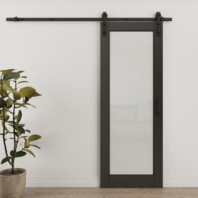 1 porte de grange coulissante en verre givré noir et bois manufacturé blanc avec ensemble de quincaillerie d'installation (1 assemblage requis)