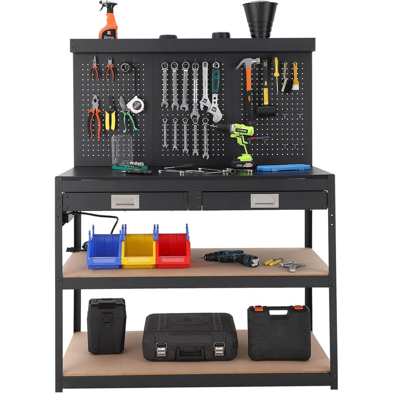 Établi 48 po à 3 étages avec capacité de charge de 1000 lb, atelier de garage avec tiroirs, banc à outils en métal avec panneau perforé et prises de courant pour atelier, entrepôt, sous-sol, maison