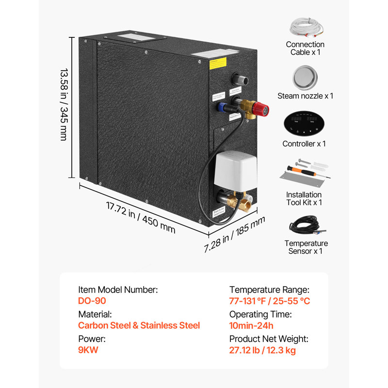 Générateur de vapeur, système de douche vapeur 9 kW avec contrôleur pour sauna, bain ou spa à domicile, autonomie de 10 min à 24 h, kit de vidange automatique professionnel avec protection contre la surchauffe, le fonctionnement à sec et la surpression, noir