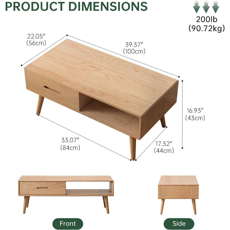 Four Leg Coffee Table with Storage, 16.93cm. H x 42.24cm. L x 22.05cm. W, Oak