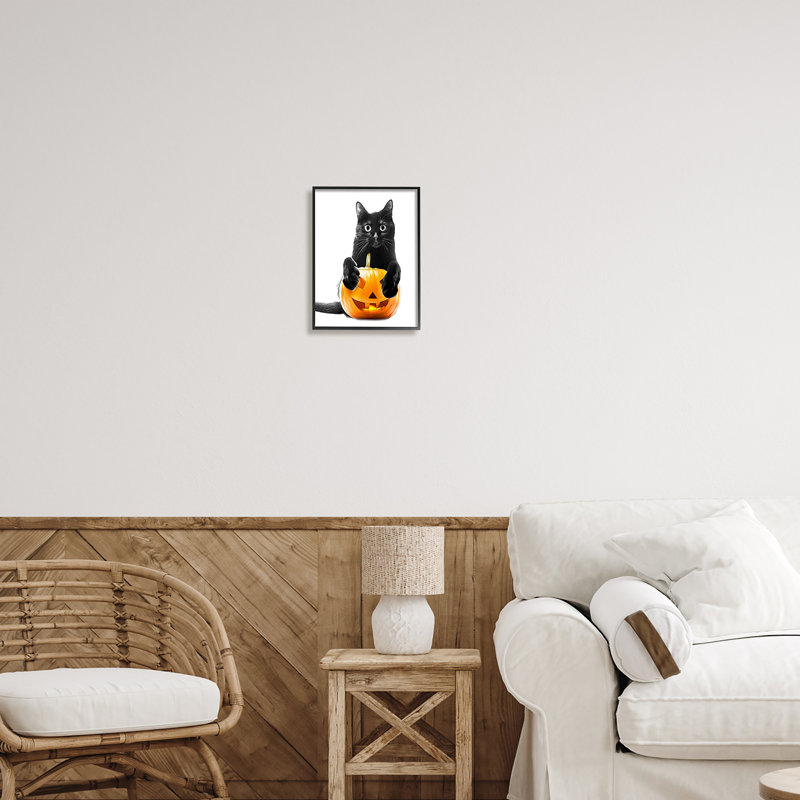 Chat noir et citrouille-lanterne par Annalisa Latella, H 14 po x l 11 po x P 1,5 po, Giclée encadrée noir minuit