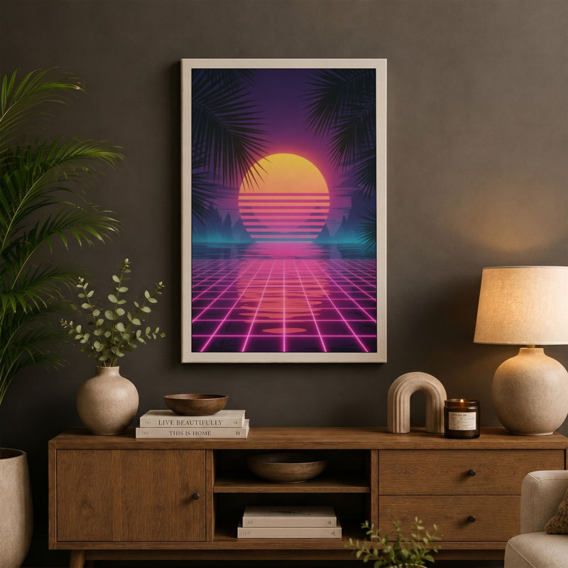 Neon Palm Horizon Retro 1 Piece Wrapped Canvas Wall Art, 18x12 - 45.7 x 30.5 cm, Ochre Border