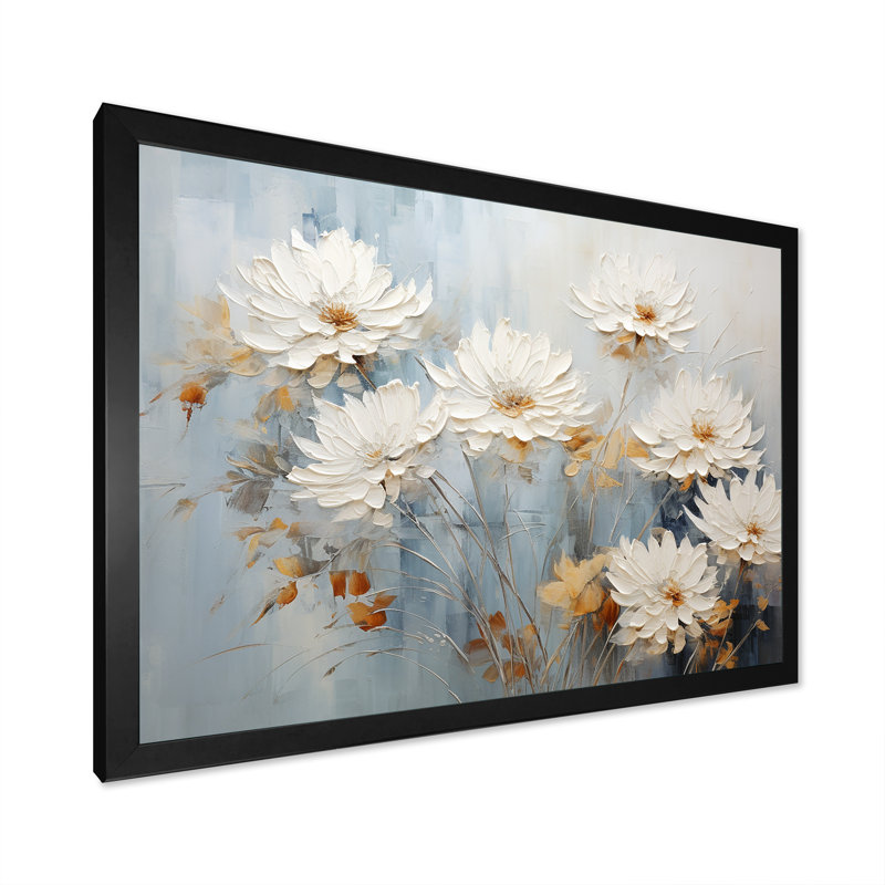 «White and Blue Chrysanthemums Painted Ink IV - Chrysanthemums», impressions d'art mural, H 24 po x l 32 po x P 1 po