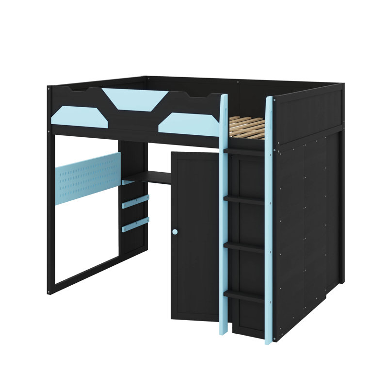 Full Size Wood Loft Bed With Desk, Multi-Storage Shelves,USB And RGB Light, Cloud Blue