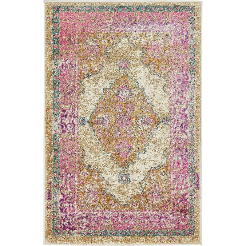 Rose oriental/bleu/jaune Tapis décoratif, Rectangle 2 pi x 3 pi