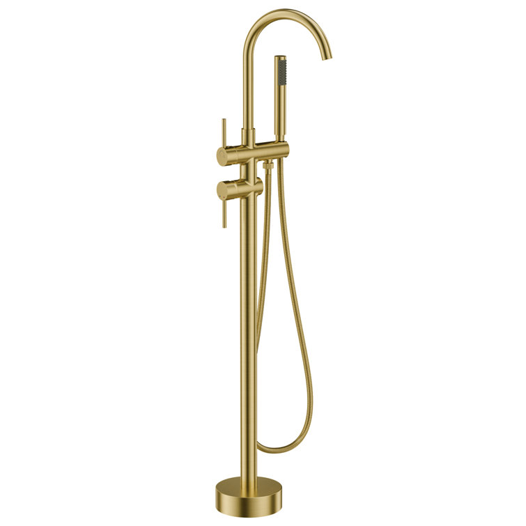 Double Handle Floor Mounted Freestanding Tub Filler Faucet with Handshower