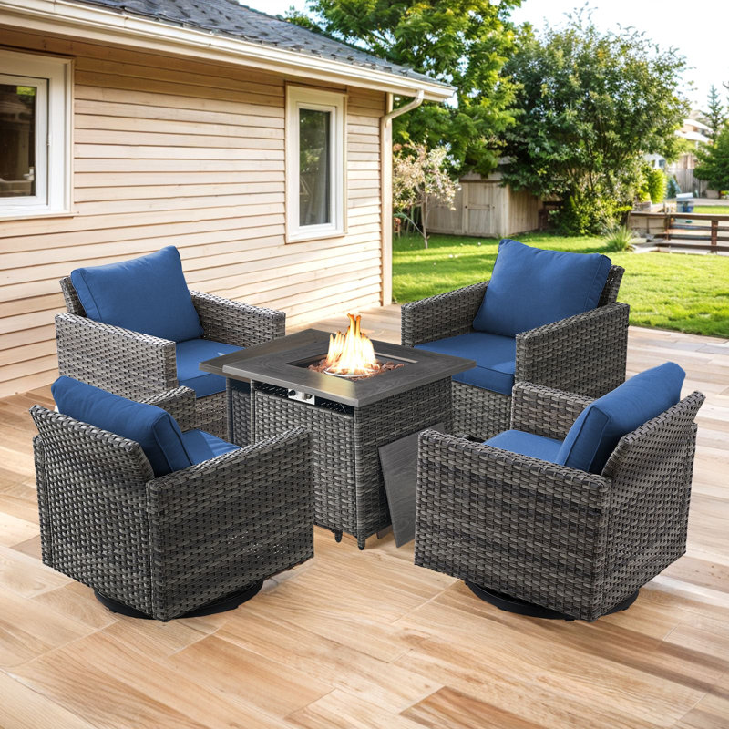 Valenta Hansencamp 4 - Person Outdoor Seating Group With Fire Pit With Swivel Glide Chair And Cushions, Blue