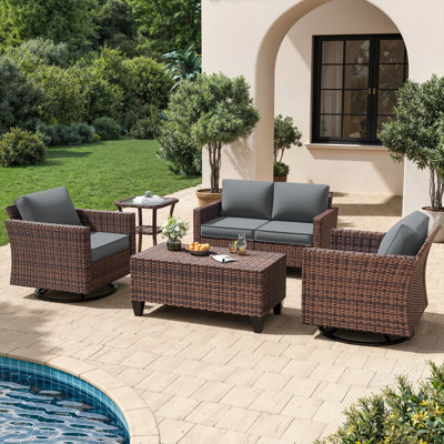 5-Piece Outdoor Conversation Set with Shelf, Space-Saving Wicker Sofa & 2 Chairs with Side Table