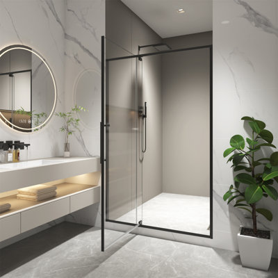 Porte de douche à pivot 38 x 42 po x H 74 po, ouverte à l'extérieur, arrêt à 105 degrés, avec finition en verre trempé noir mat 5/16 po