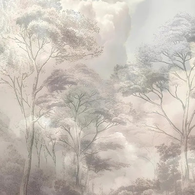 Beige Misty Woodland Mural Wallpaper – Soft Neutral Scandinavian Forest Landscape Wall Decor – Peel And Stick Or Non-Woven Option