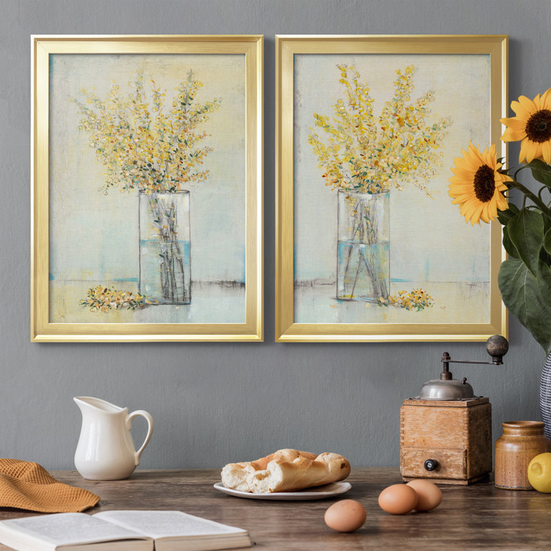 «Yellow Spray In Vase I», ensemble de 2 peintures sur toile encadrées, H 36,5 po x l 53 po x P 1 po, Or