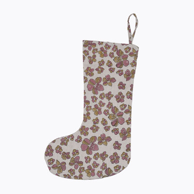Chaussette de Noël rose fabriquée à la main - Tissu en mélange de lin imprimé à la main Jhil Mil pour décoration festive