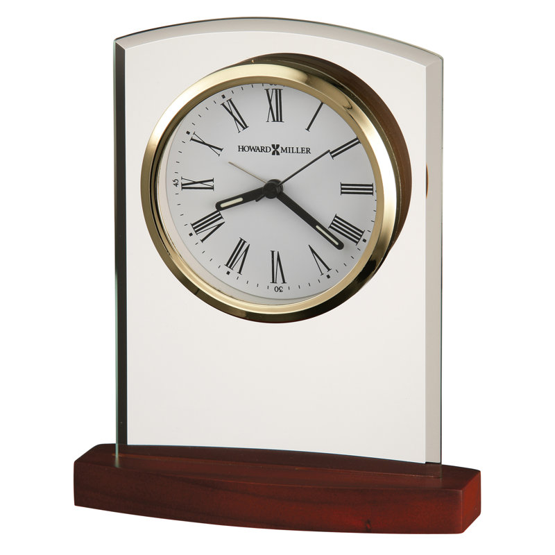 Marcus Modern & Contemporary Roman Numeral Glass Quartz Movement / Crystal Tabletop Clock with Alarm in Satin Rosewood/Clear