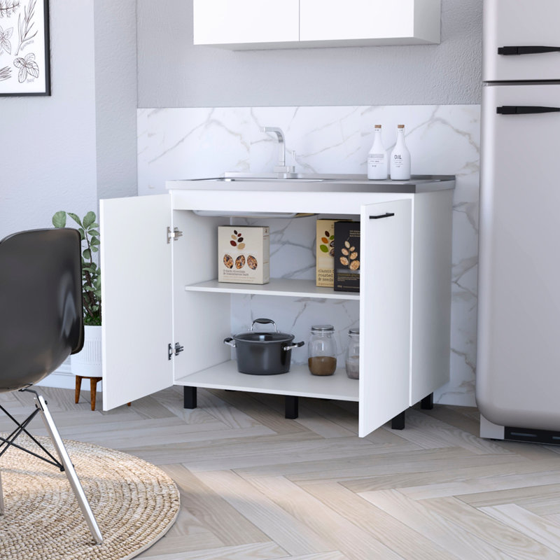 Évier de cuisine blanc 2 et armoire avec fonctionnalité pratique en bois, Argent argent