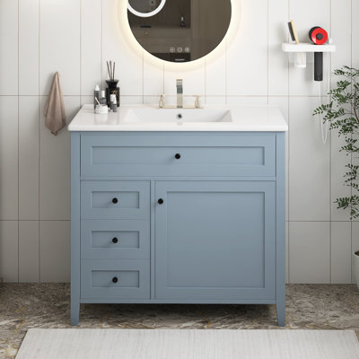 Meuble-lavabo autoportant moderne avec lavabo, panneau de fibres à densité moyenne et bois d'hévéa avec tiroirs et tablette réglable, bleu