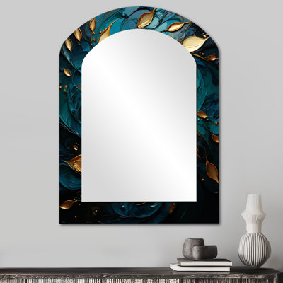 Turquoise Gold Mystic Mandala - Abstract Spirals Asymmetrical Decorative Mirror, Modern Arch Wall Mirror, Printed Metal Art