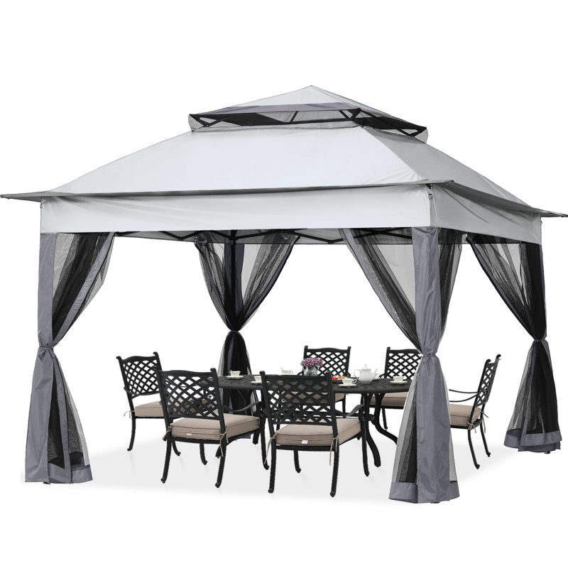 Dark Gray 11x11 Steel Patio Gazebo with Mesh Walls