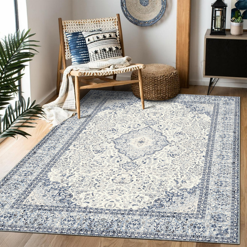 Navy Blue and White Floral Rug, 5x7 Washable Area Rugs Non-Slip Low-Pile Faux Wool Carpet for Living Room, Entryway, Bedroom, Nursery, Area Rugs 5x7 with Modern Print Pattern