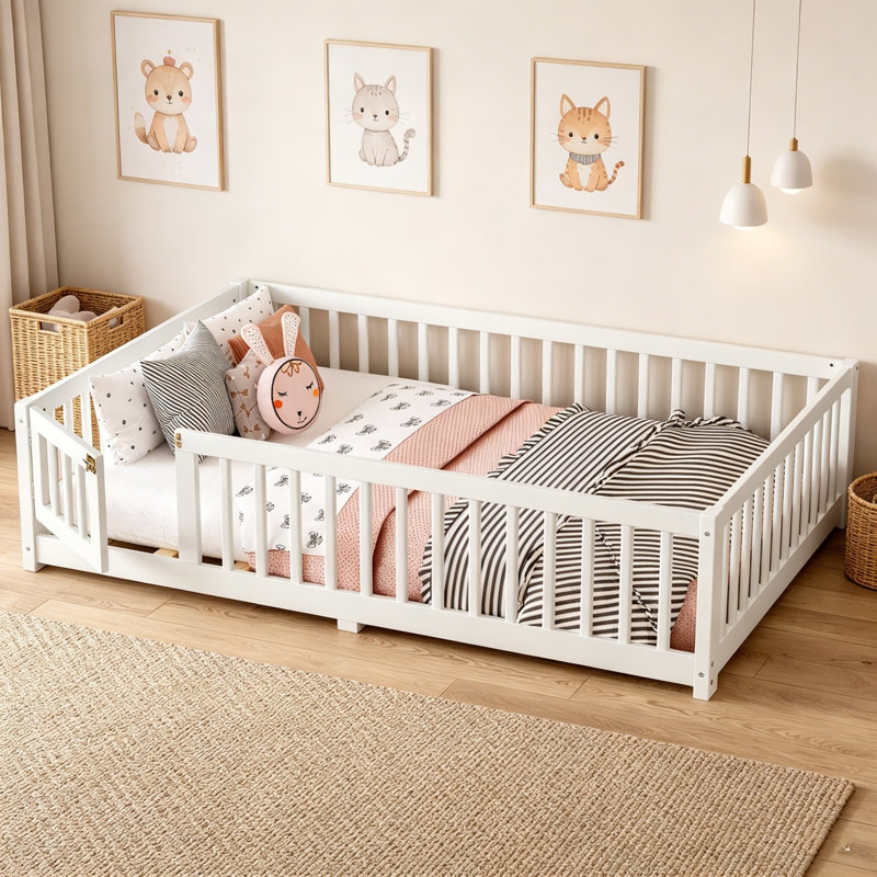 Floor Bed, Wooden Toddler Bed Frame With Safety Guardrails, Door And Slat Support, Low Profile Kids Floor Bed For Boys Girls, No Box Spring Needed(Natural/Grey/White)