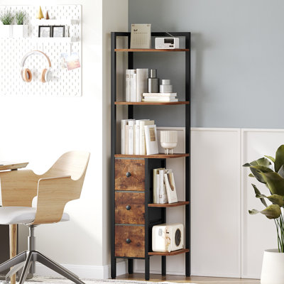Étagère de coin, bibliothèque d'angle à 5 niveaux avec 3 tiroirs, tablette de présentation industrielle pour espaces étroits, petite bibliothèque en bois, montage facile
