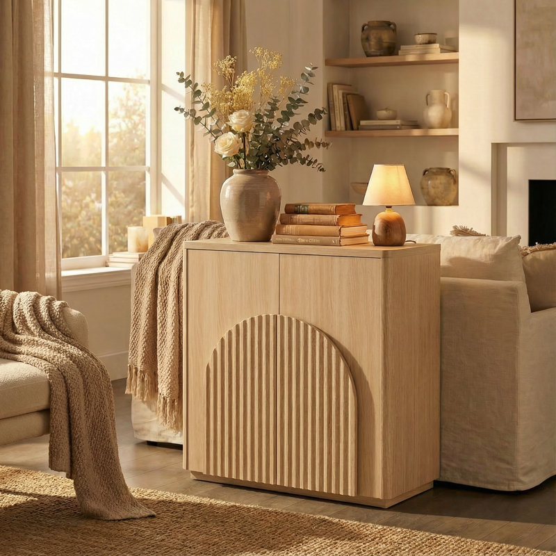Buffet 64 po courbé avec portes arquées symétriques pour salon, bar et cuisine (ensemble de 2), Chêne
