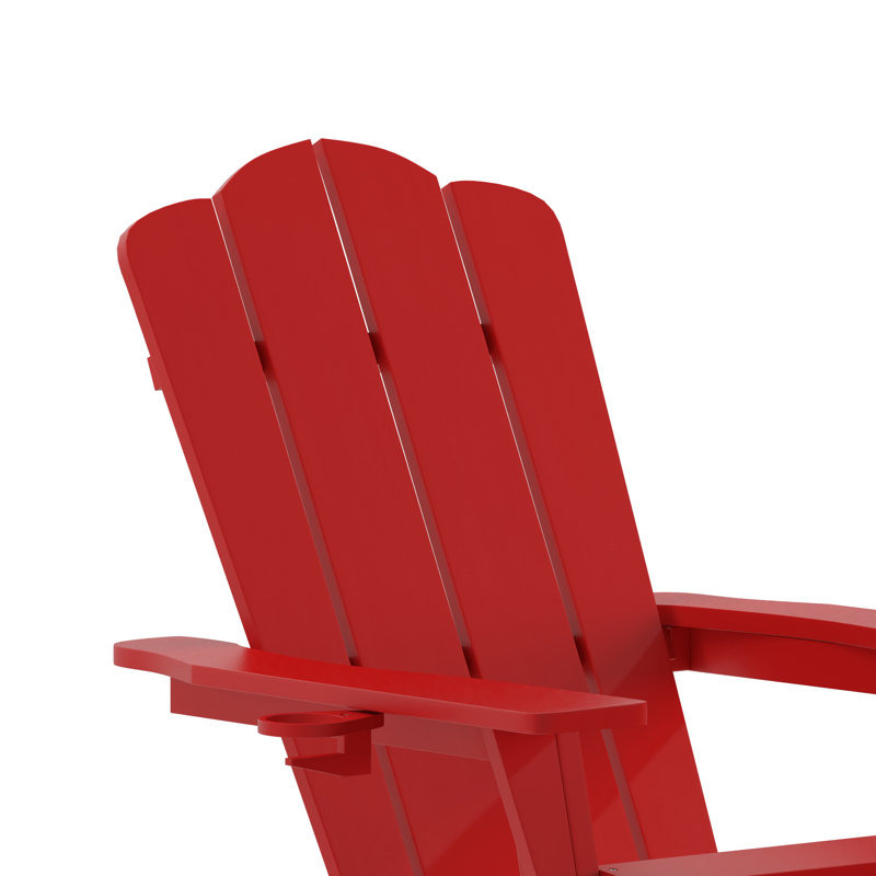 Ayleah Commercial All-Weather HDPE Adirondack Chair with Cup Holder and Pull Out Ottoman, Red