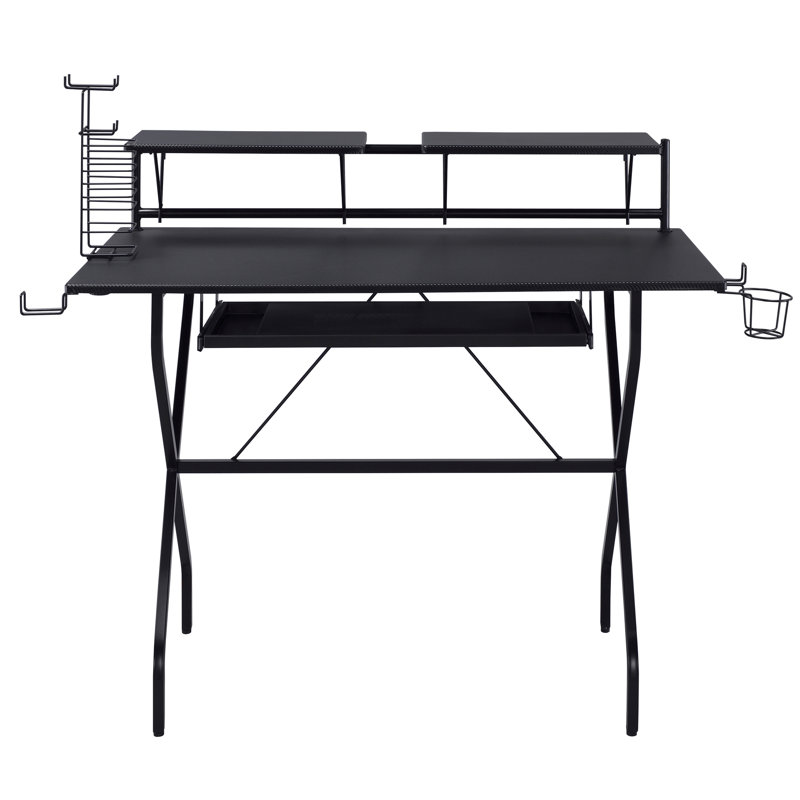 Bureau d'écriture noir avec plateau à clavier, structure en métal robuste et bureau fonctionnel pour un environnement productif