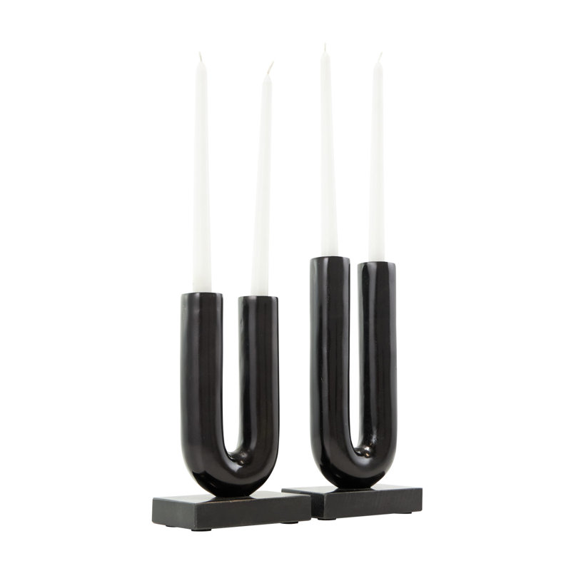 Porte-bougie en forme de U Newfields et gris en aluminium avec bases en marbre blanc, Noir