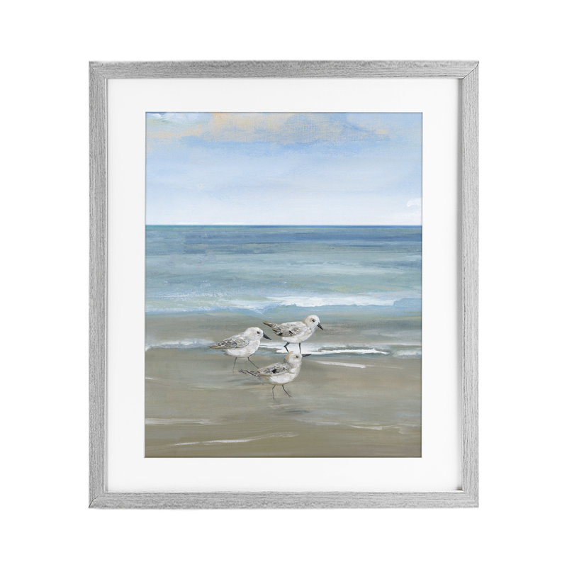 «Three Shorebirds & Gentle Waves», reproduction sous verre encadrée, design par Nan, Cadre de ferme gris sous verre Farmhouse