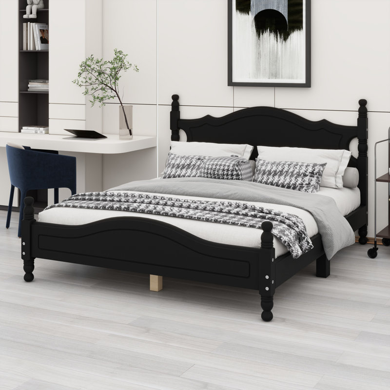 Structure de lit plateforme en bois, lit plateforme de style rétro avec support en lattes de bois, Noir