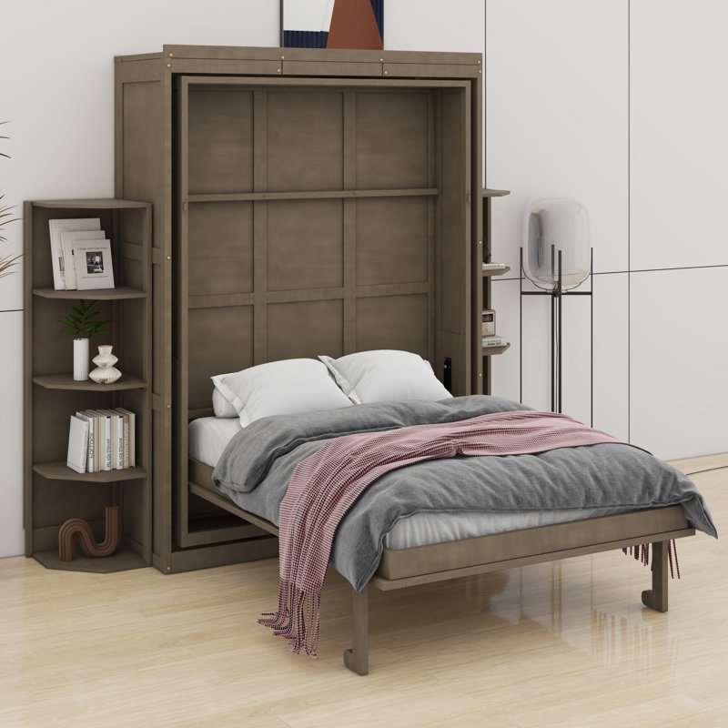 Lit escamotable rotatif avec armoire murale cachée, deux tablettes latérales à 3 niveaux, bureau convertible, supports de rangement supplémentaires, lit mural multifonctionnel peu encombrant