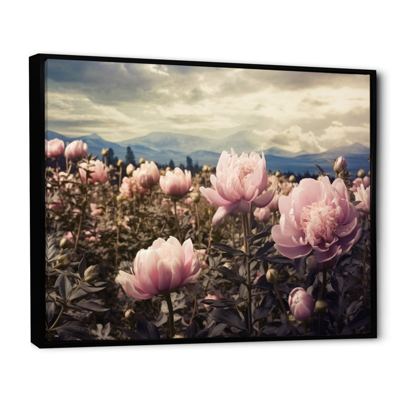 Champ de pivoines roses - reproduction sur toile, 12" H x 20" W, Cadre flottant noir