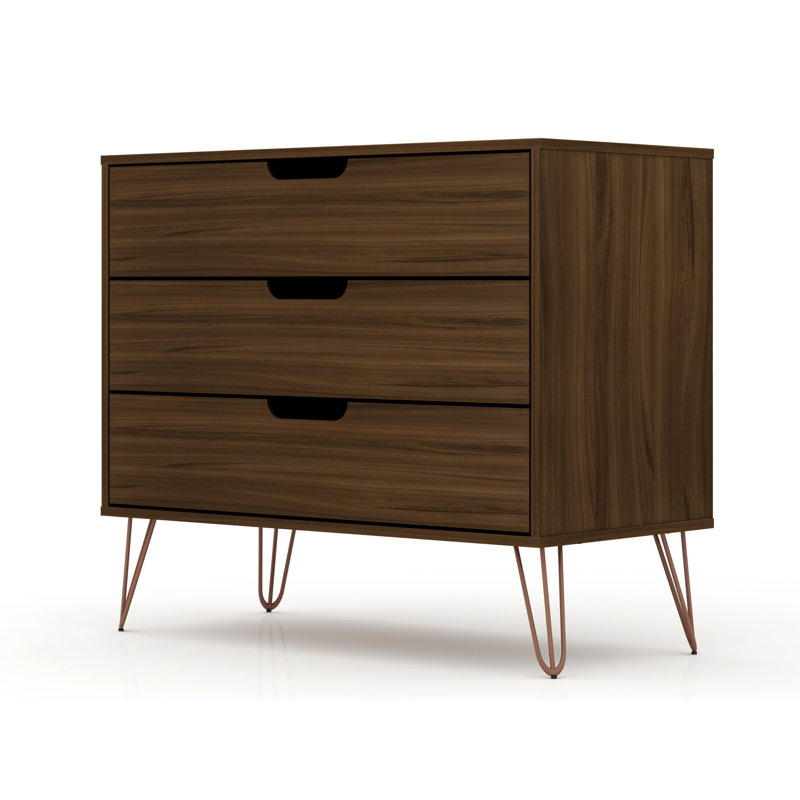 Rockefeller 35" Mid-Century Modern 3-Drawer Bachelor's Chest in Chestnut Brown, Brown